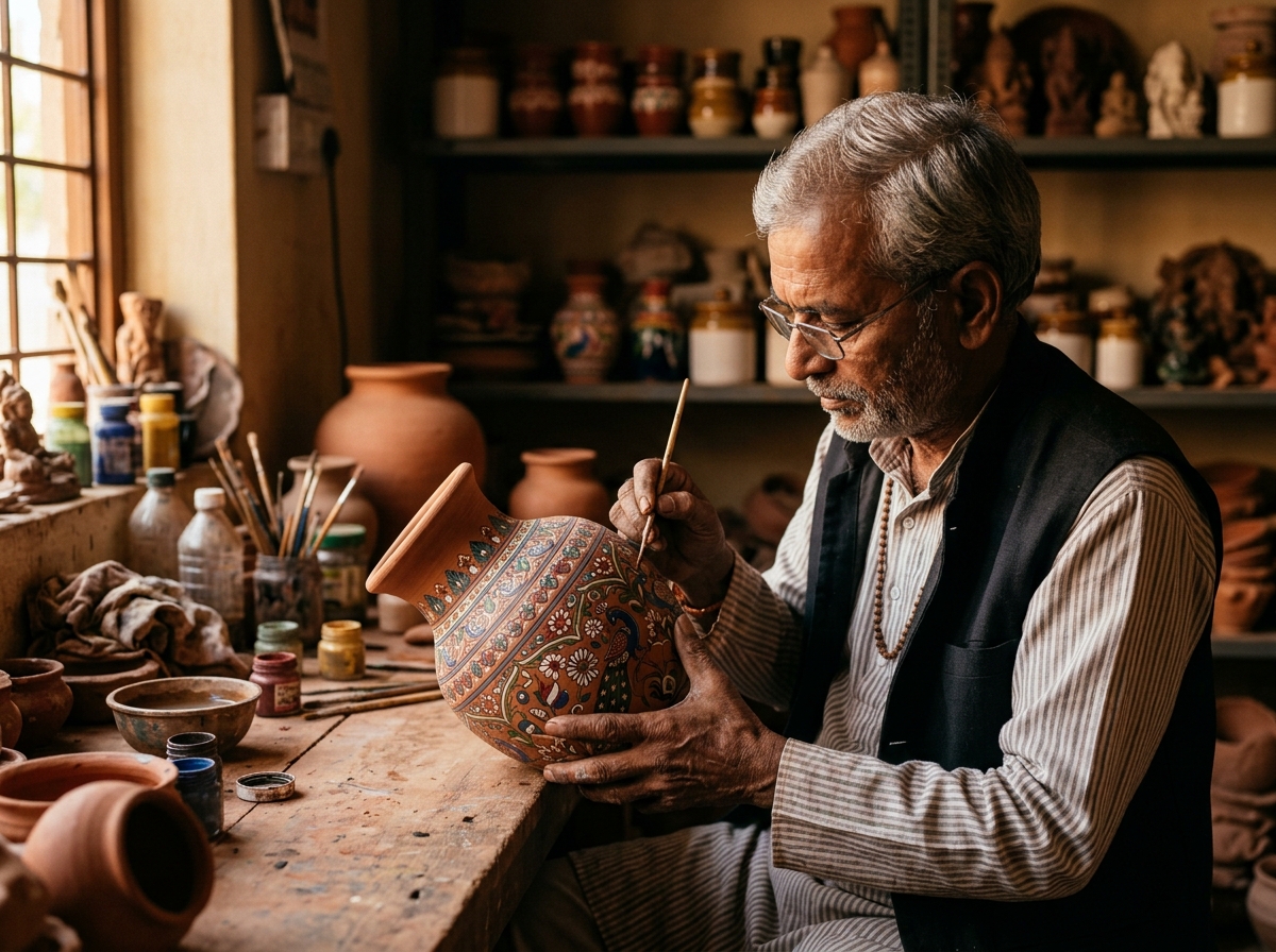 Artisan shaping ceramic vase on potter's wheel