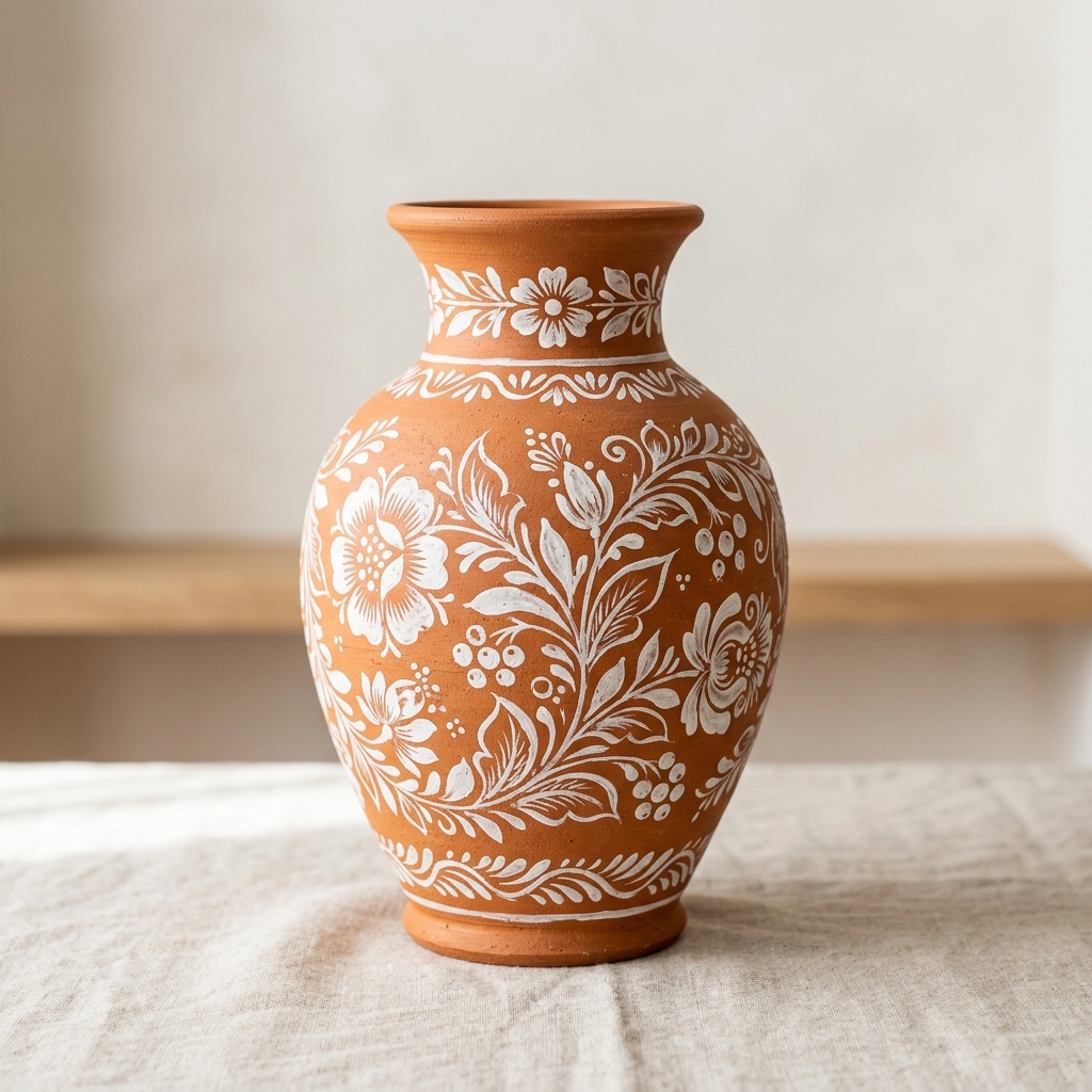 Hand-painted floral terracotta vase display