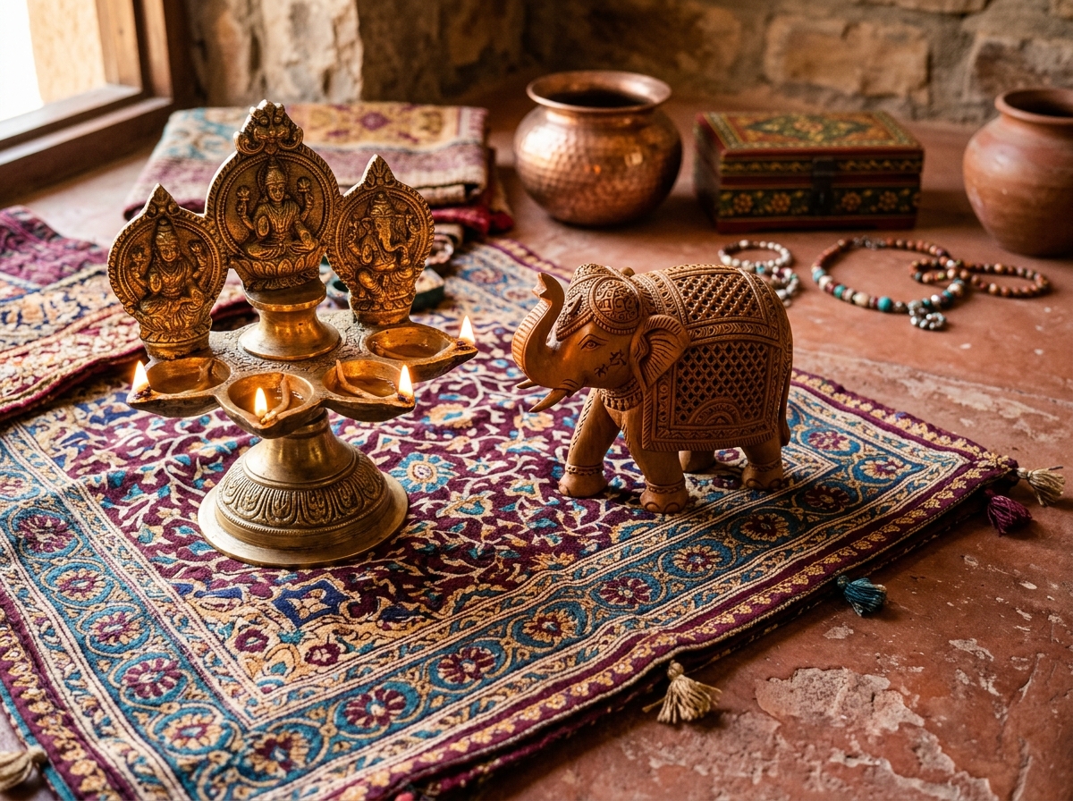 Brass diya lamp and traditional Indian handicrafts