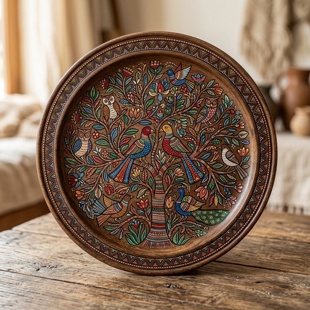 Intricate Gond folk art wooden wall plate