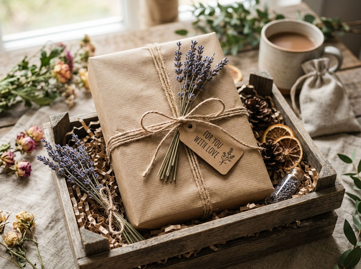 Handmade Gifts lovingly wrapped in kraft paper with dried flowers